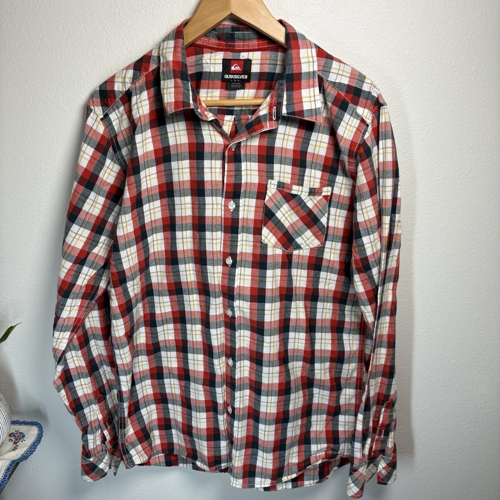 Quiksilver Mens L Red Plaid Button Up Surf Skate Aesthetic Cotton Flannel